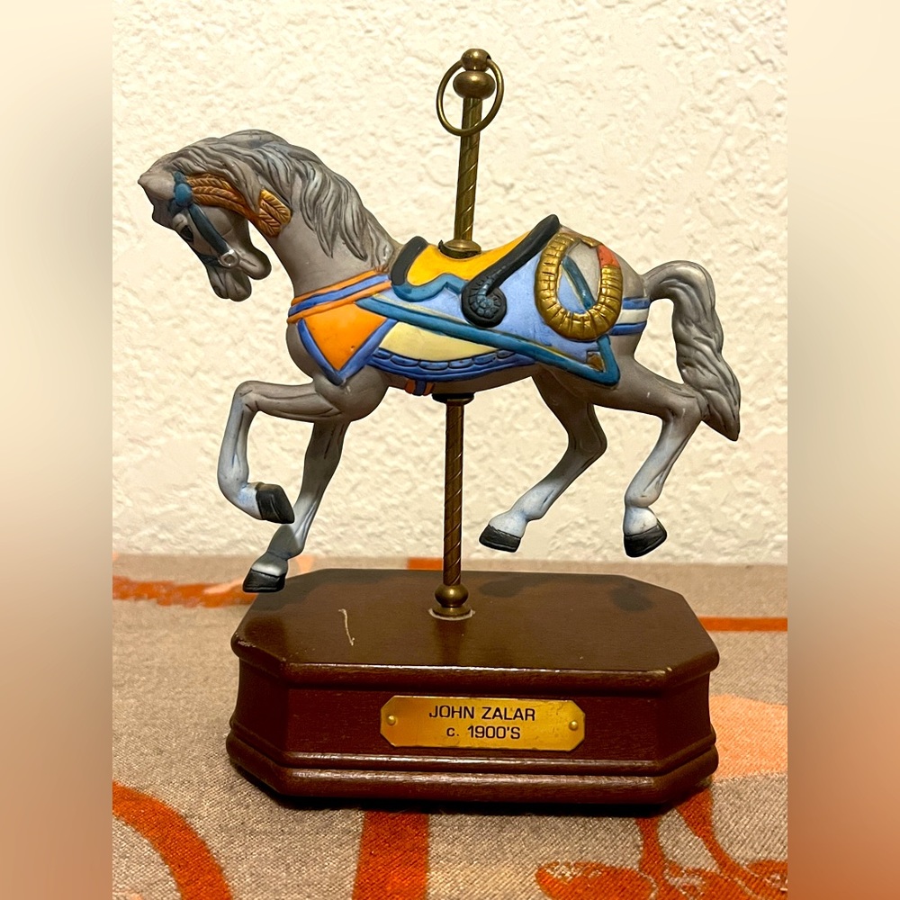 Vtg Carousel Horse Figurine Music Box John Zalar 1900s W/Wood base 7.5"